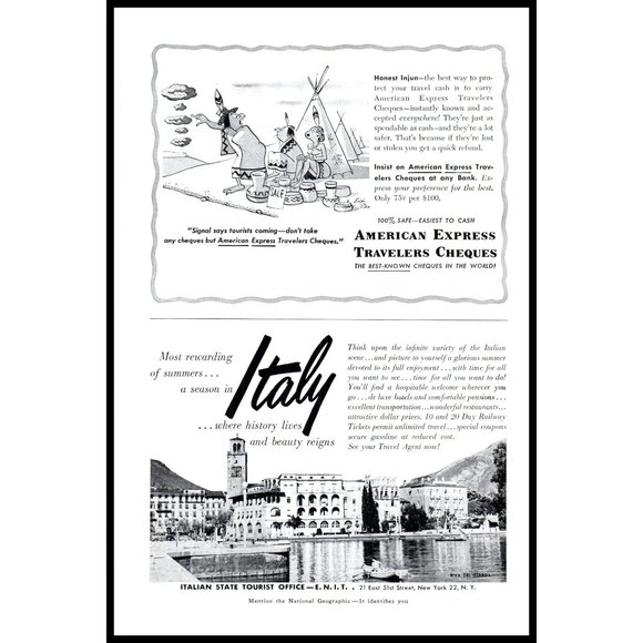 1953 American Express Travelers Cheques Vintage Print Ad Smoke Signal Indians - Picture 2 of 2